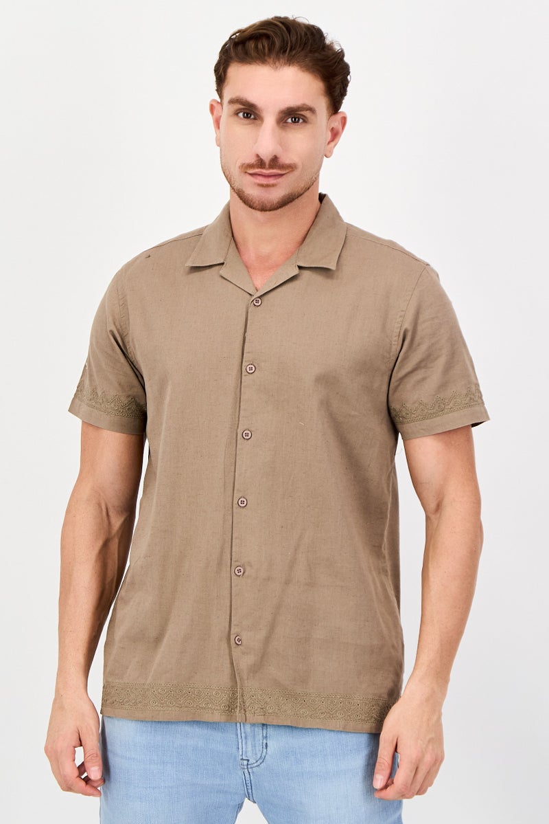 Threadbare Men Regular Fit Short Sleeve Embroidered Casual Shirt, Taupe - Image 1